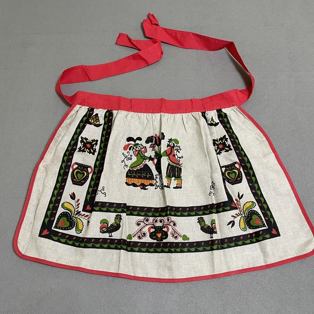 Vintage Apron Linen‎ Pennsylvania Dutch Folk Ceramics Kitchy Linen Cottagecore